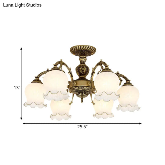 Frosted Glass Bronze Semi Flush Ceiling Lamp With Flower Design - 3/5/6-Bulb Antique Lighting