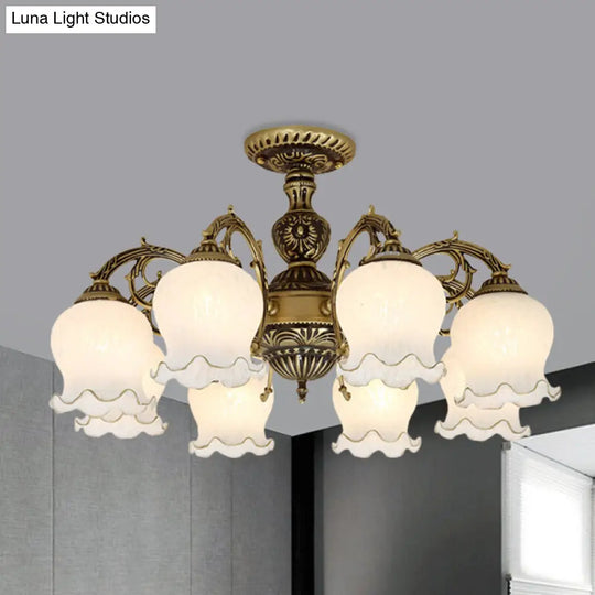 Frosted Glass Bronze Semi Flush Ceiling Lamp With Flower Design - 3/5/6-Bulb Antique Lighting 8 /