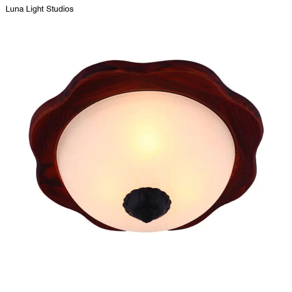 Frosted Glass Brown Flush Light Fixture - 16/19 W 3 Heads Rural Mount Recessed Lighting With Wood