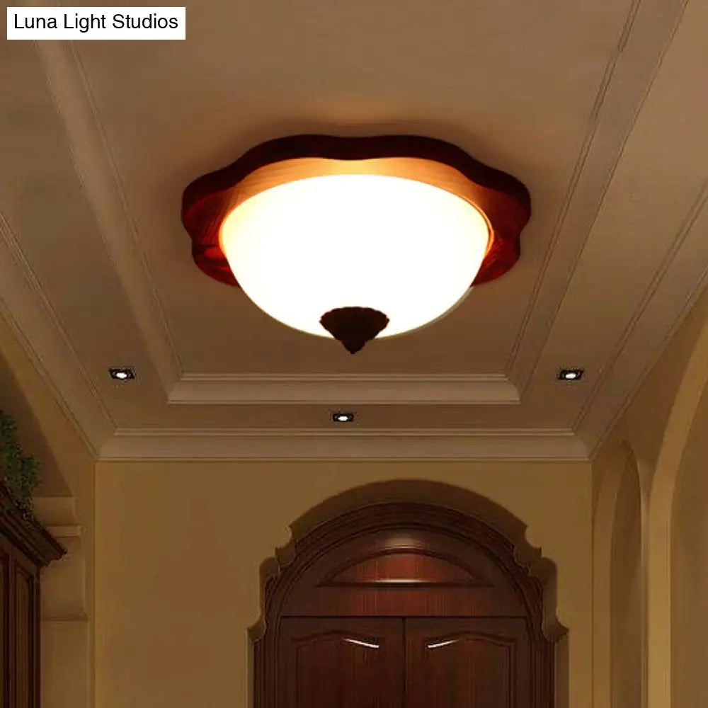 Frosted Glass Brown Flush Light Fixture - 16/19 W 3 Heads Rural Mount Recessed Lighting With Wood