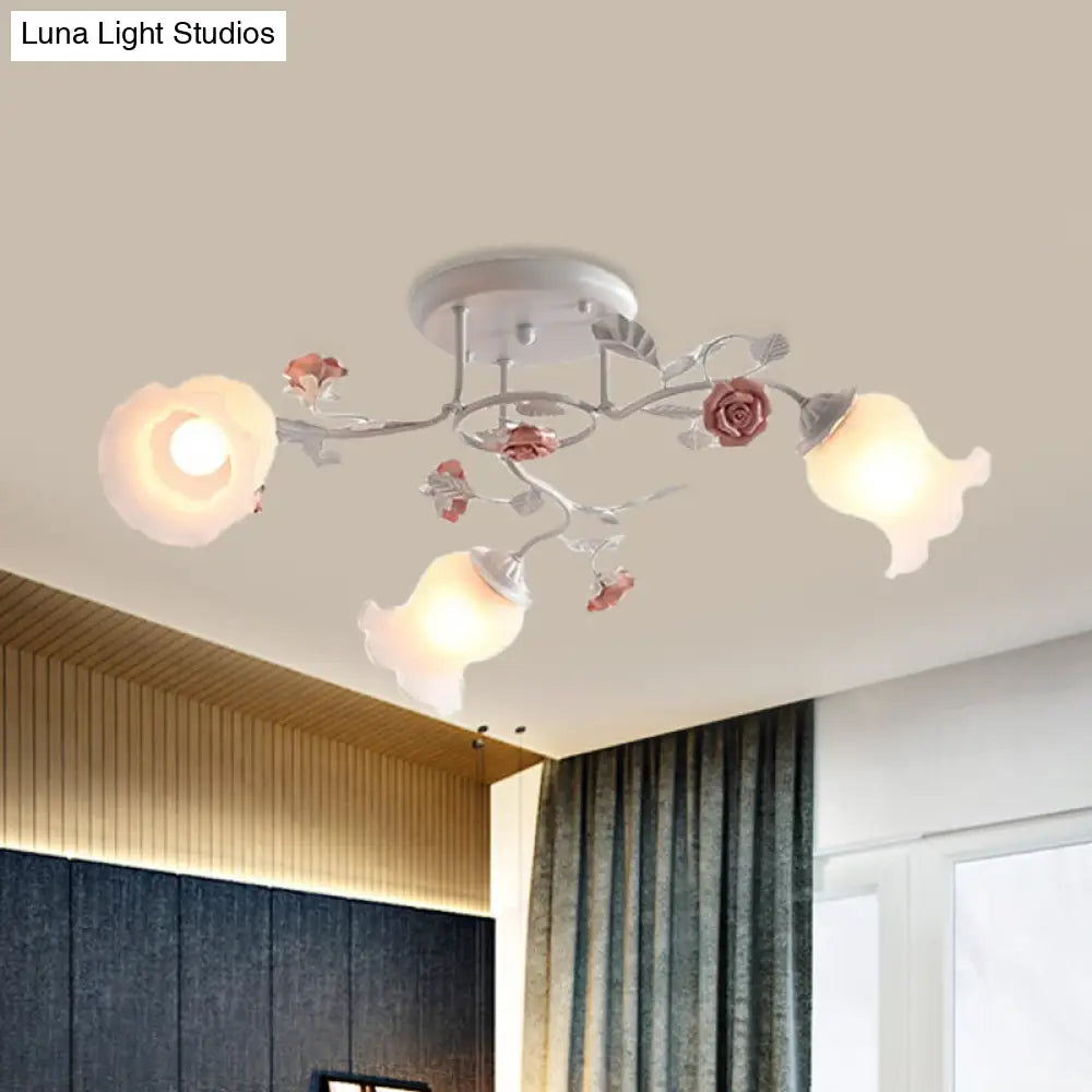 Frosted Glass Bud Semi Flush Chandelier In Pink/Blue/Blue-White - Ceiling Mount Lamp For Countryside