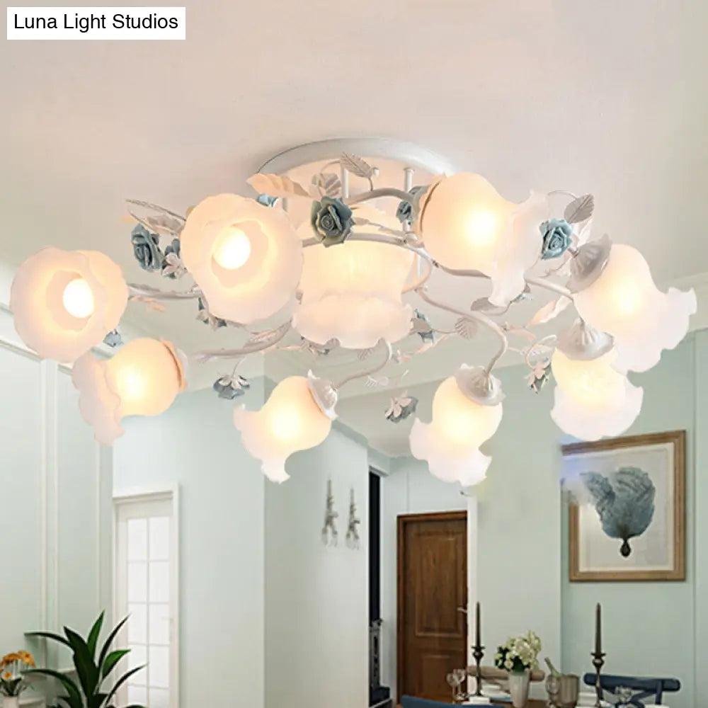 Frosted Glass Bud Semi Flush Chandelier In Pink/Blue/Blue-White - Ceiling Mount Lamp For Countryside