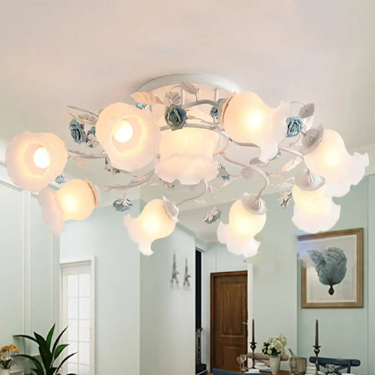 Frosted Glass Bud Semi Flush Chandelier In Pink/Blue/Blue - White - Ceiling Mount Lamp For