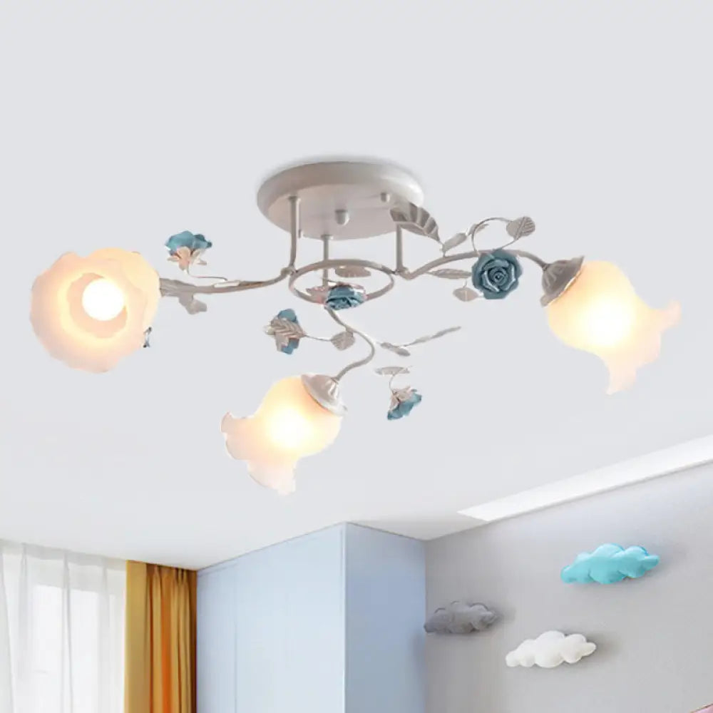 Frosted Glass Bud Semi Flush Chandelier In Pink/Blue/Blue - White - Ceiling Mount Lamp For