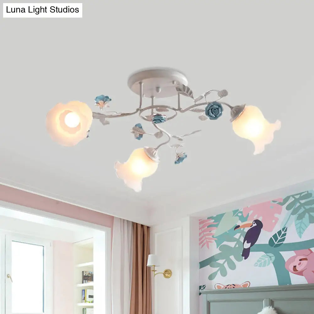 Frosted Glass Bud Semi Flush Chandelier In Pink/Blue/Blue - White - Ceiling Mount Lamp For