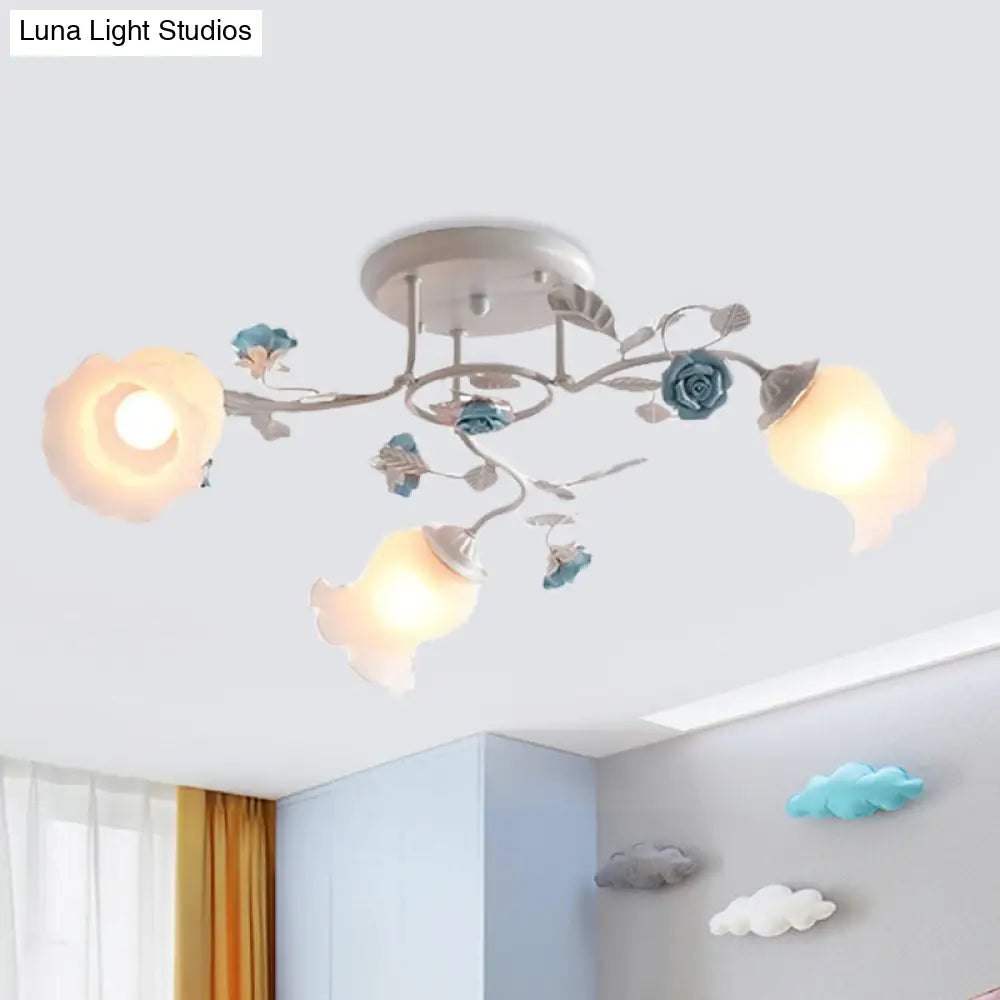Frosted Glass Bud Semi Flush Chandelier In Pink/Blue/Blue-White - Ceiling Mount Lamp For Countryside