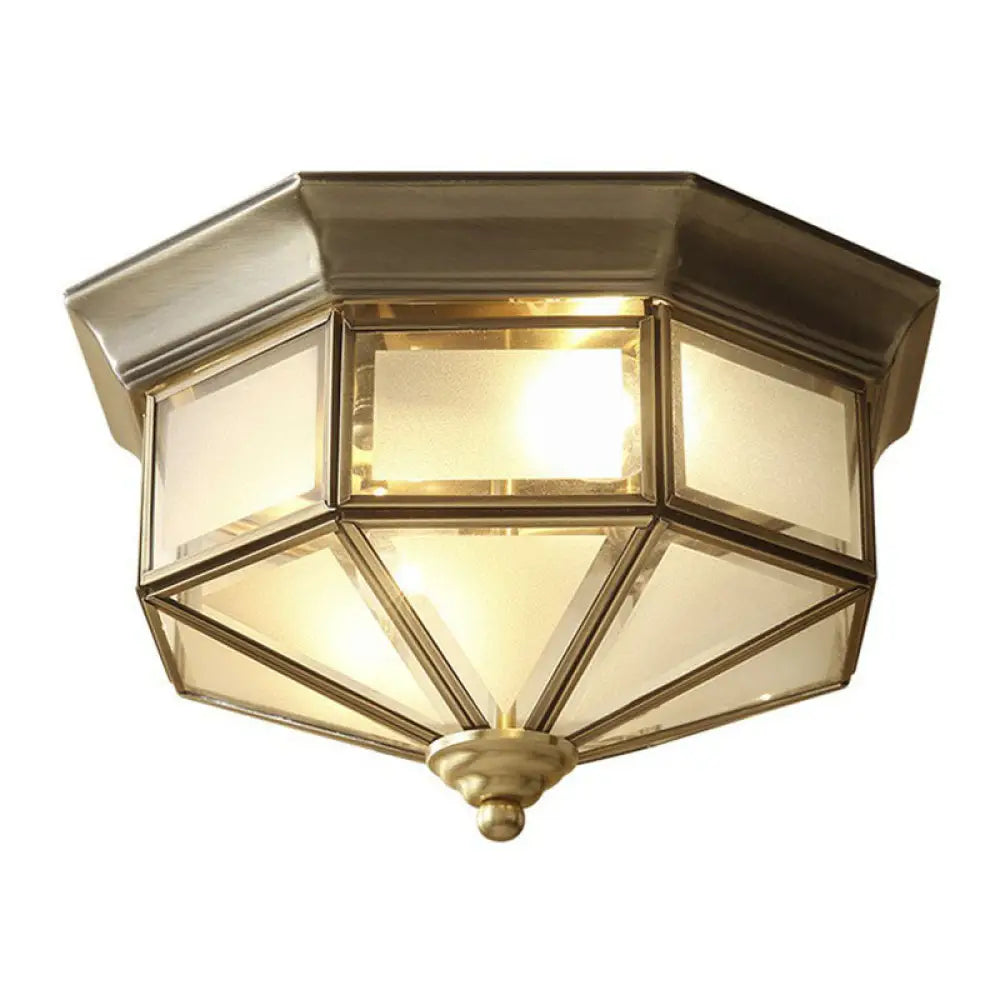 Frosted Glass Cap Ceiling Light With Brass Mount - Minimalist 2 - Bulb Flush Fixture For Corridors