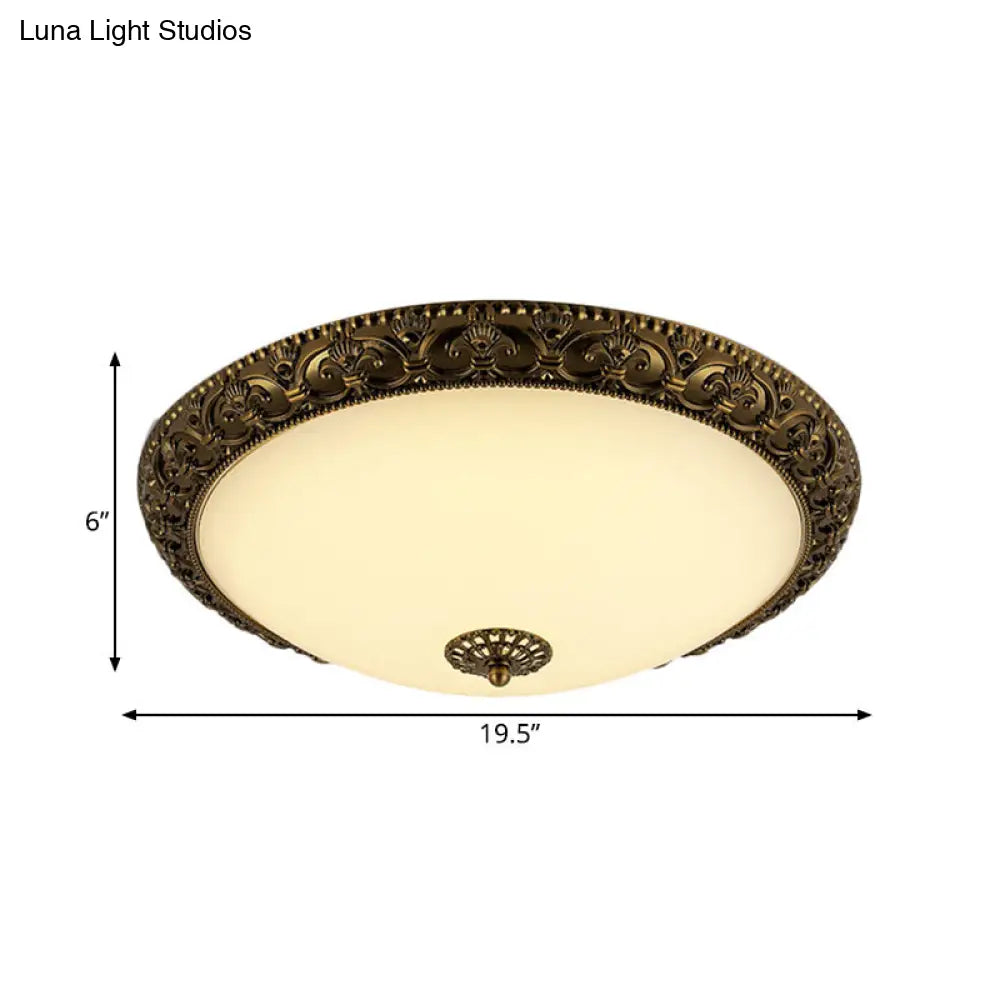 Frosted Glass Ceiling Fixture - Rustic Led Bedroom Flush Mount Lighting In Brass (Bowl Design