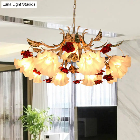 Frosted Glass Chandelier Light - Sputnik Korean Flower 4/6/9-Head Drop Lamp Beige For Living Room