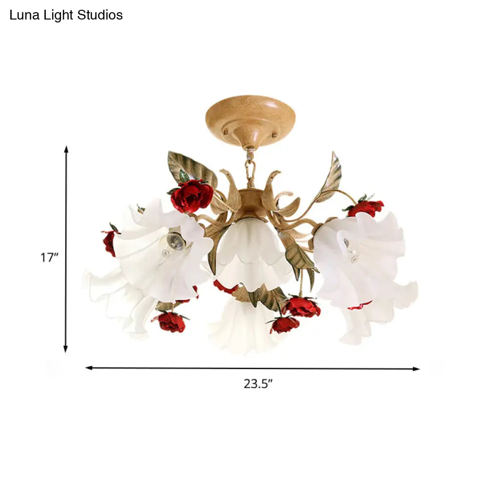 Frosted Glass Chandelier Light - Sputnik Korean Flower 4/6/9-Head Drop Lamp Beige For Living Room