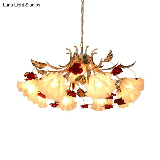 Frosted Glass Chandelier Light - Sputnik Korean Flower 4/6/9-Head Drop Lamp Beige For Living Room