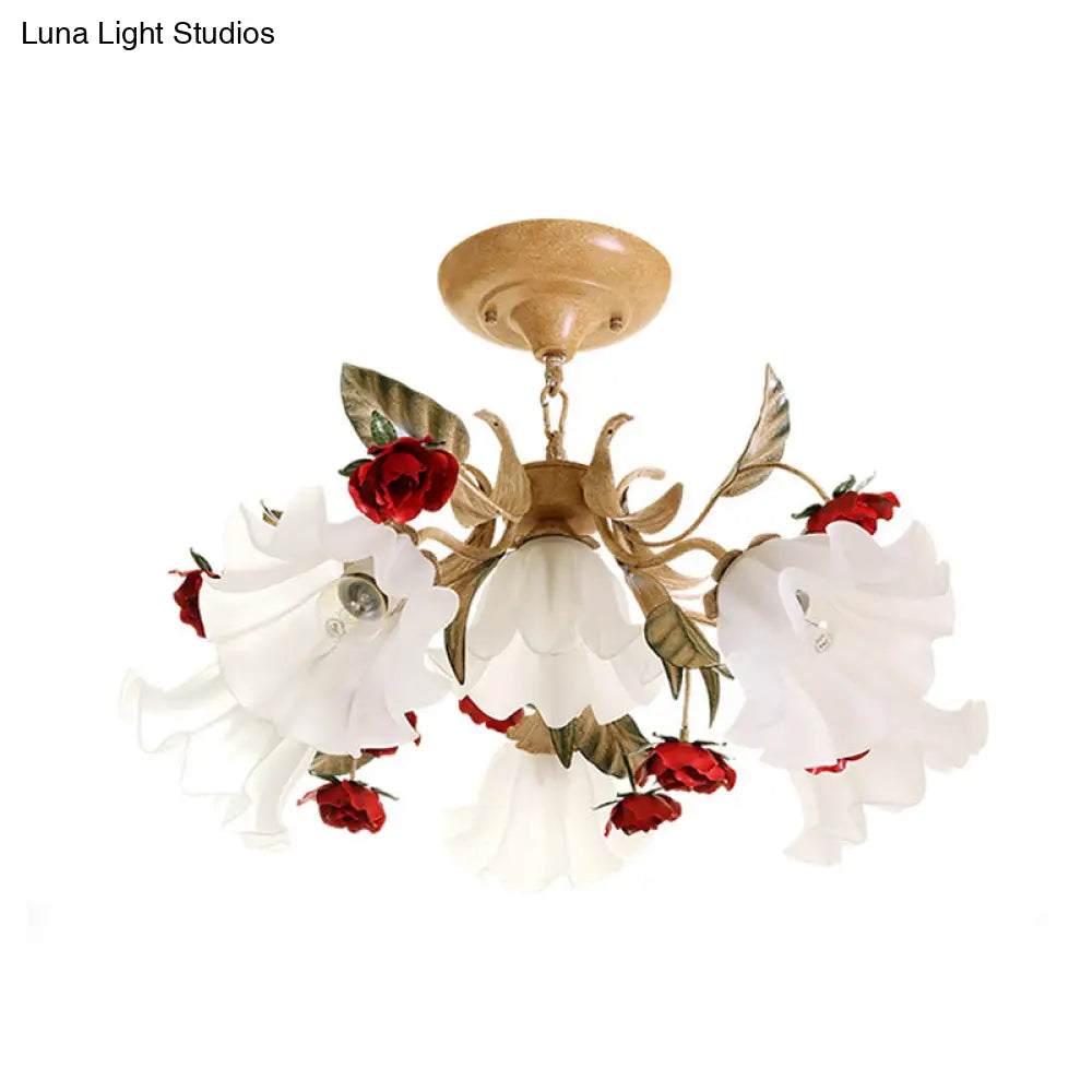 Frosted Glass Chandelier Light - Sputnik Korean Flower 4/6/9-Head Drop Lamp Beige For Living Room