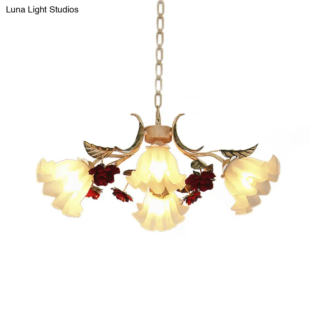 Frosted Glass Chandelier Light - Sputnik Korean Flower 4/6/9-Head Drop Lamp Beige For Living Room