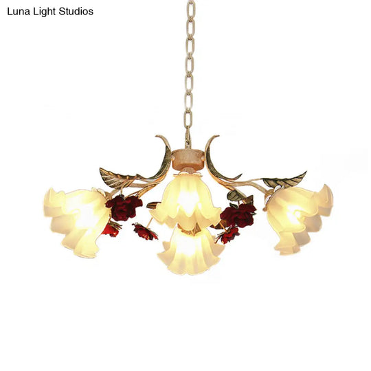 Frosted Glass Chandelier Light - Sputnik Korean Flower 4/6/9-Head Drop Lamp Beige For Living Room