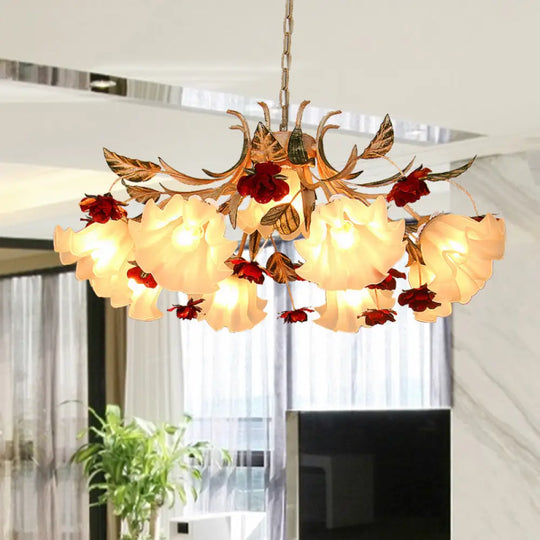 Frosted Glass Chandelier Light - Sputnik Korean Flower 4/6/9-Head Drop Lamp Beige For Living Room 9