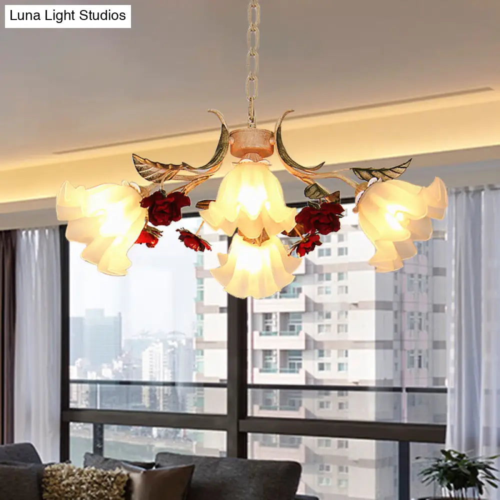 Frosted Glass Chandelier Light - Sputnik Korean Flower 4/6/9-Head Drop Lamp Beige For Living Room