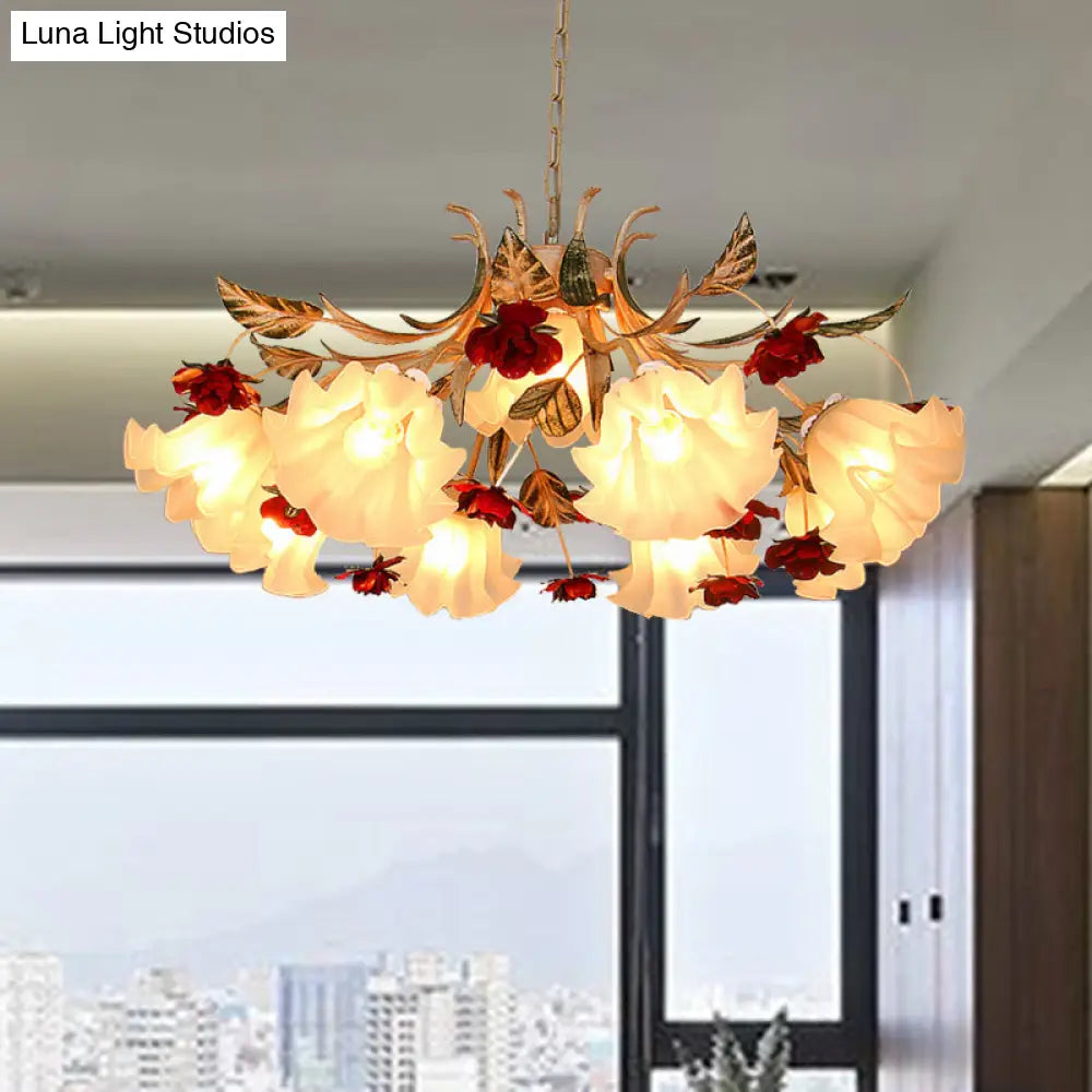 Frosted Glass Chandelier Light - Sputnik Korean Flower 4/6/9-Head Drop Lamp Beige For Living Room