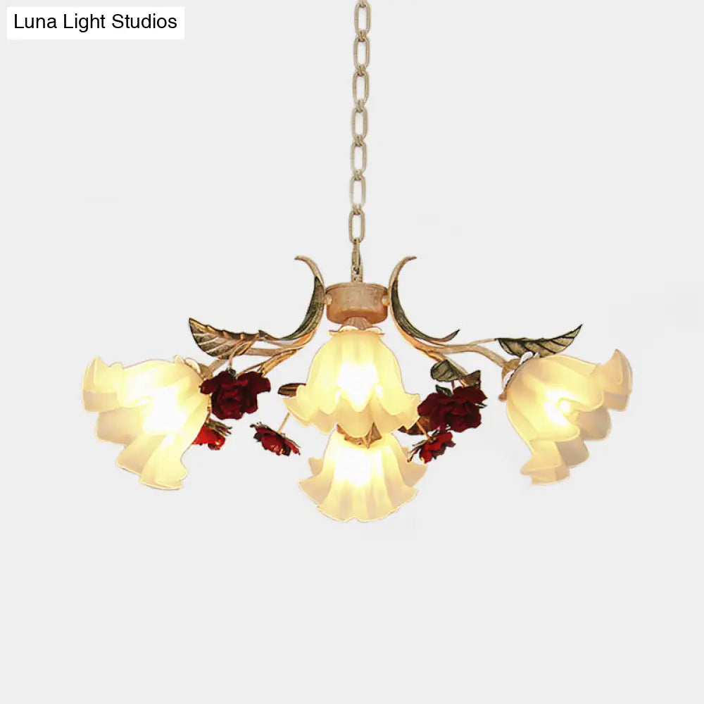 Frosted Glass Chandelier Light - Sputnik Korean Flower 4/6/9-Head Drop Lamp Beige For Living Room