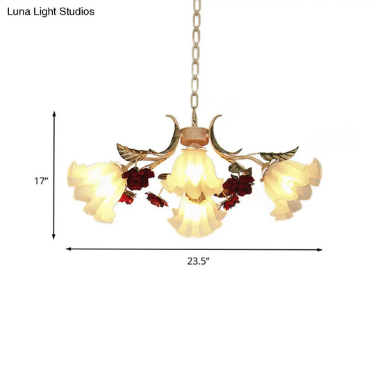 Frosted Glass Chandelier Light - Sputnik Korean Flower 4/6/9-Head Drop Lamp Beige For Living Room