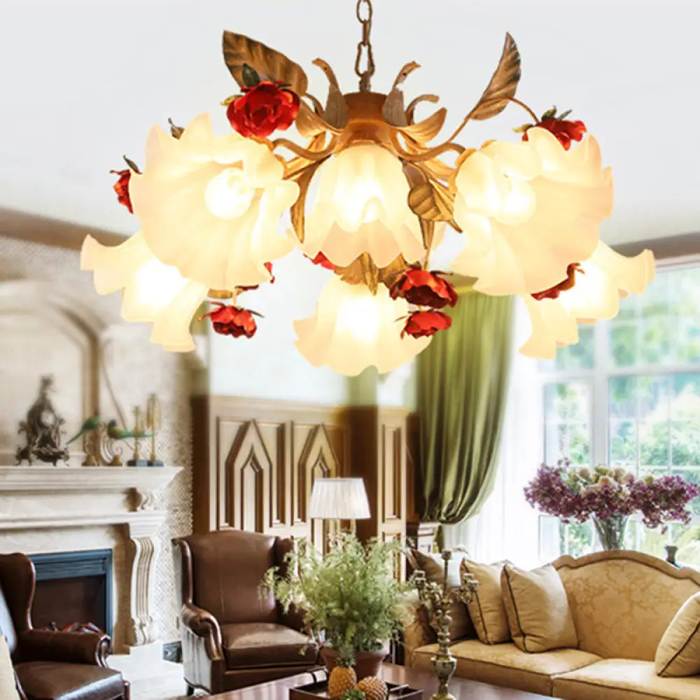 Frosted Glass Chandelier Light - Sputnik Korean Flower 4/6/9-Head Drop Lamp Beige For Living Room 6