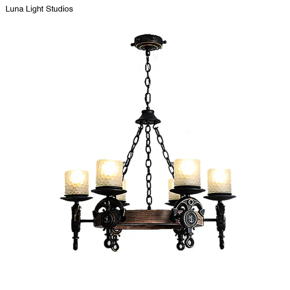 Coastal Wagon Wheel Chandelier With Frosted Texture Glass - 6-Light Pendant For Corridors