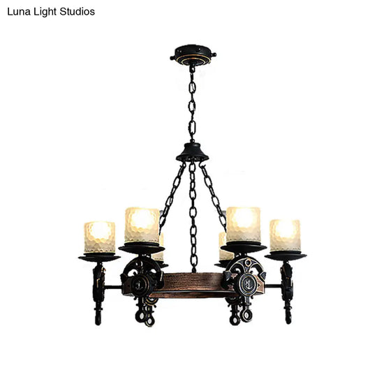 Coastal Wagon Wheel Chandelier With Frosted Texture Glass - 6-Light Pendant For Corridors