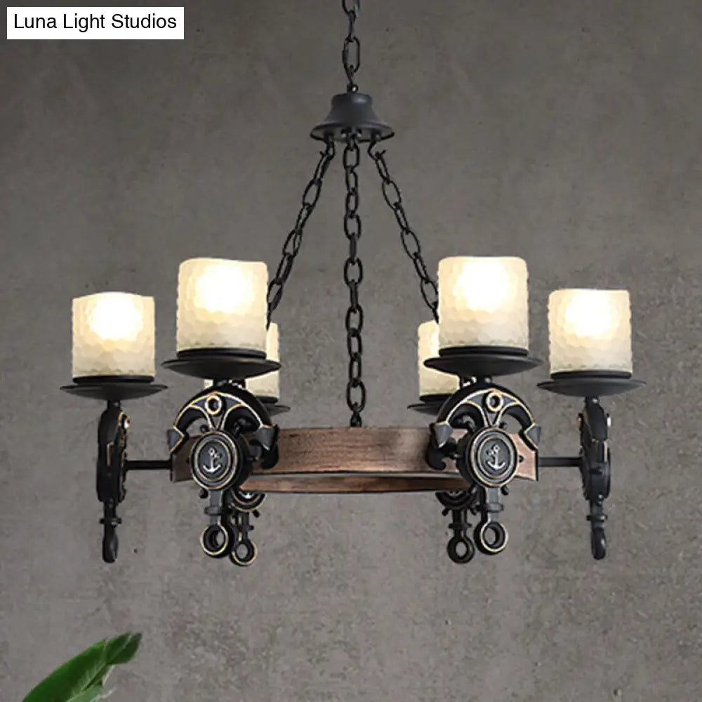 Coastal Wagon Wheel Chandelier With Frosted Texture Glass - 6-Light Pendant For Corridors Black