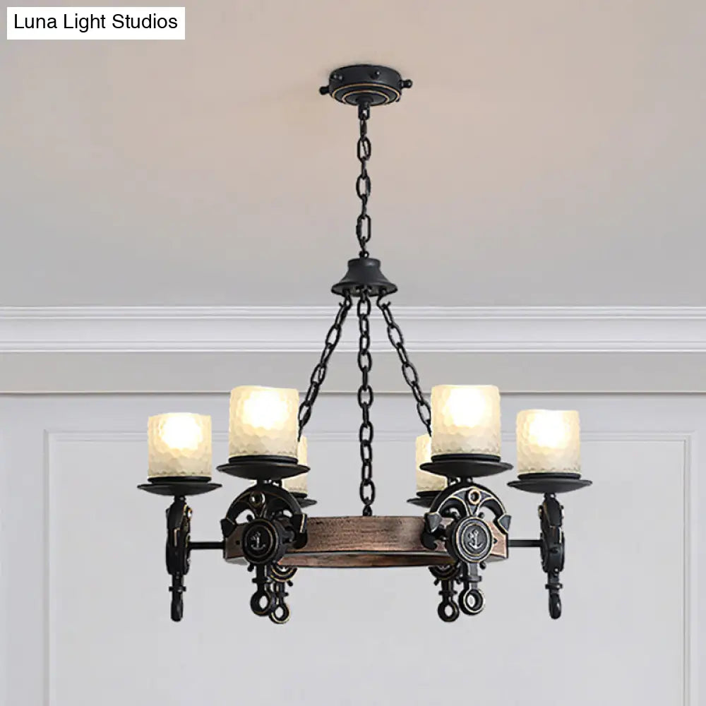 Coastal Wagon Wheel Chandelier With Frosted Texture Glass - 6-Light Pendant For Corridors