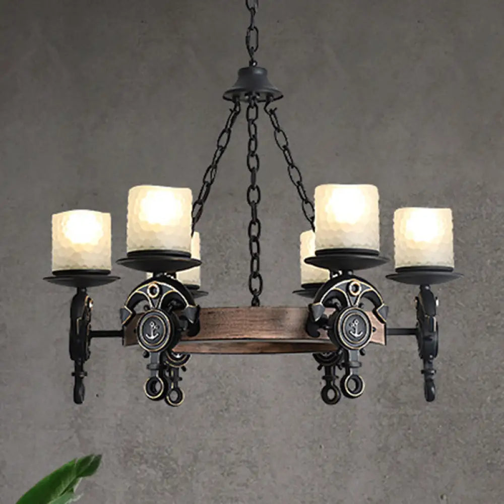 Frosted Glass Coastal Wagon Wheel Chandelier Pendant Light - 6-Light Corridor Hanging Fixture Black