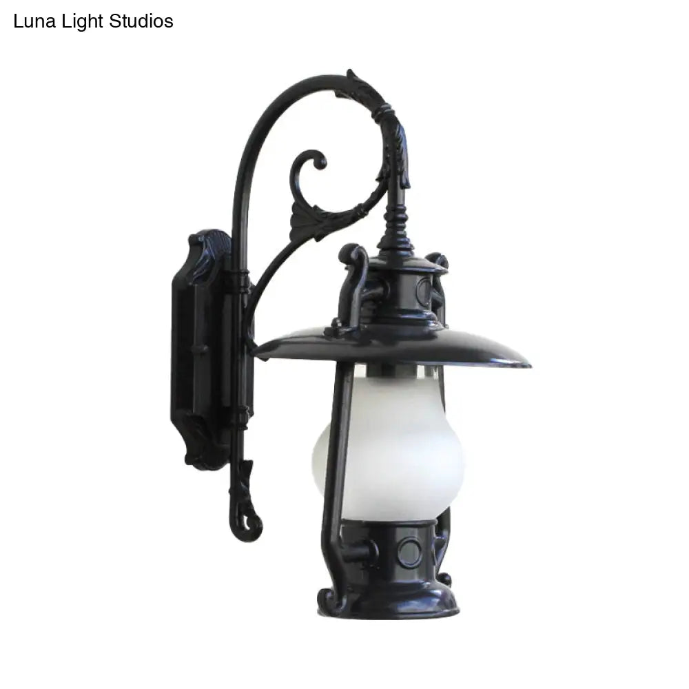 Frosted Glass Coastal Wall Mounted Lantern: Single Bulb Outdoor Sconce Light In Black/Aged Brass