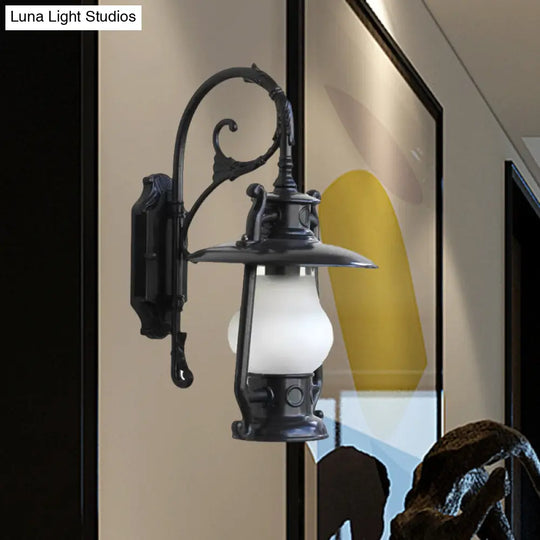 Frosted Glass Coastal Wall Mounted Lantern: Single Bulb Outdoor Sconce Light In Black/Aged Brass