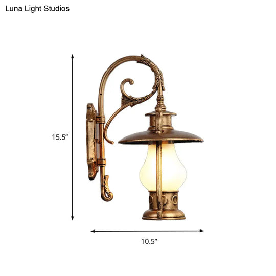 Frosted Glass Coastal Wall Mounted Lantern: Single Bulb Outdoor Sconce Light In Black/Aged Brass