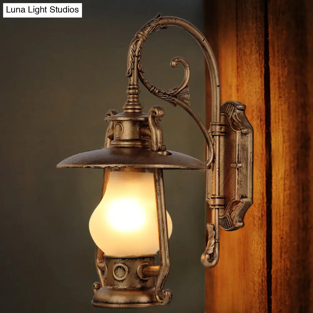 Frosted Glass Coastal Wall Mounted Lantern: Single Bulb Outdoor Sconce Light In Black/Aged Brass