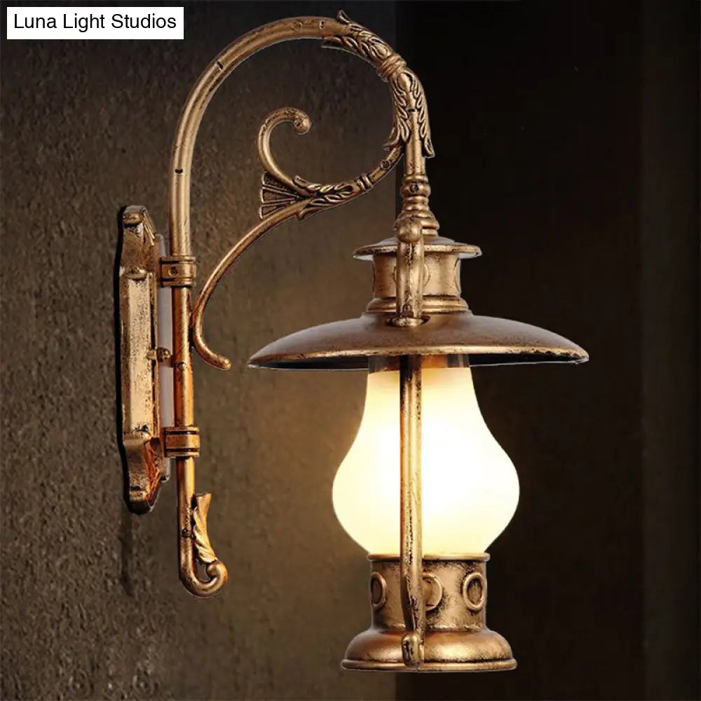 Frosted Glass Coastal Wall Mounted Lantern: Single Bulb Outdoor Sconce Light In Black/Aged Brass