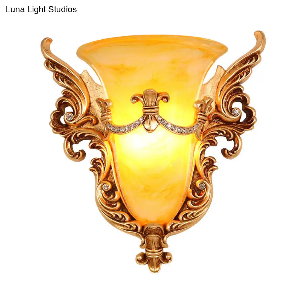 Frosted Glass Colonial Wall Sconce - 1 Bulb Flush Mount Light In White/Gold