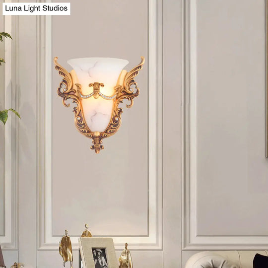 Frosted Glass Colonial Wall Sconce - 1 Bulb Flush Mount Light In White/Gold