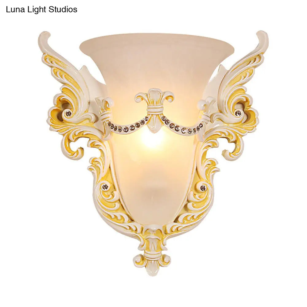 Frosted Glass Colonial Wall Sconce - 1 Bulb Flush Mount Light In White/Gold