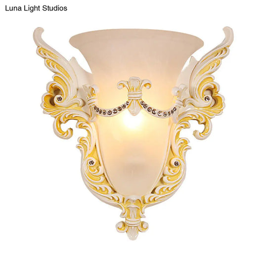 Frosted Glass Colonial Wall Sconce - 1 Bulb Flush Mount Light In White/Gold