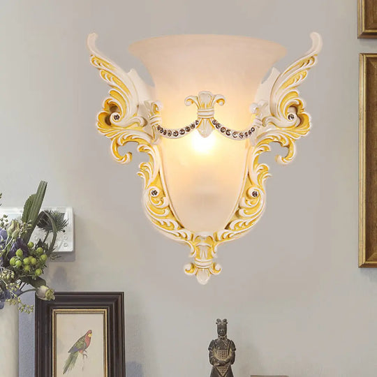 Frosted Glass Colonial Wall Sconce - 1 Bulb Flush Mount Light In White/Gold White