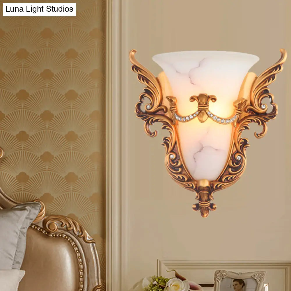 Frosted Glass Colonial Wall Sconce - 1 Bulb Flush Mount Light In White/Gold