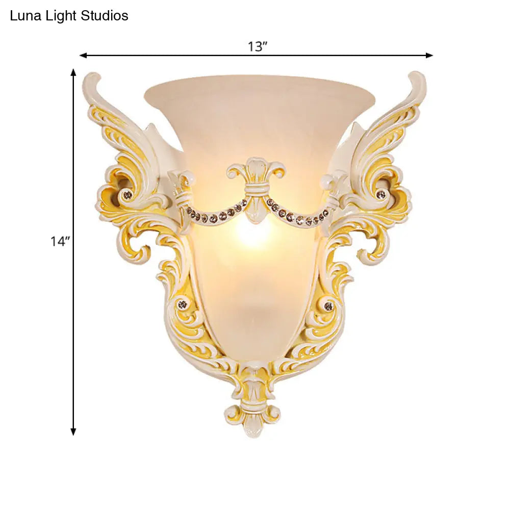 Frosted Glass Colonial Wall Sconce - 1 Bulb Flush Mount Light In White/Gold