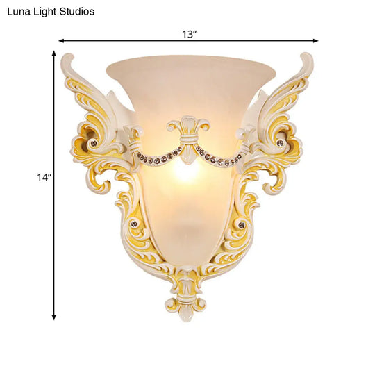 Frosted Glass Colonial Wall Sconce - 1 Bulb Flush Mount Light In White/Gold