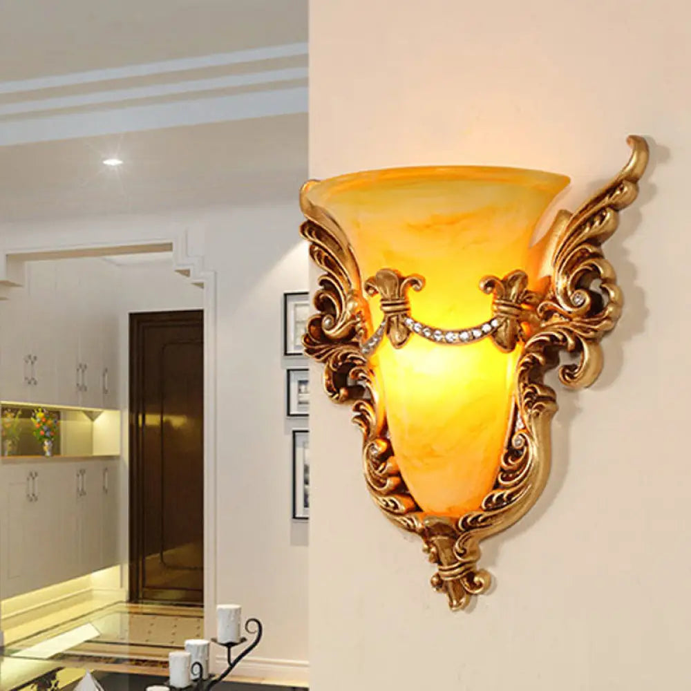 Frosted Glass Colonial Wall Sconce - 1 Bulb Flush Mount Light In White/Gold Gold