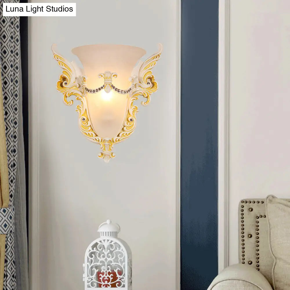 Frosted Glass Colonial Wall Sconce - 1 Bulb Flush Mount Light In White/Gold