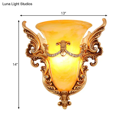 Frosted Glass Colonial Wall Sconce - 1 Bulb Flush Mount Light In White/Gold