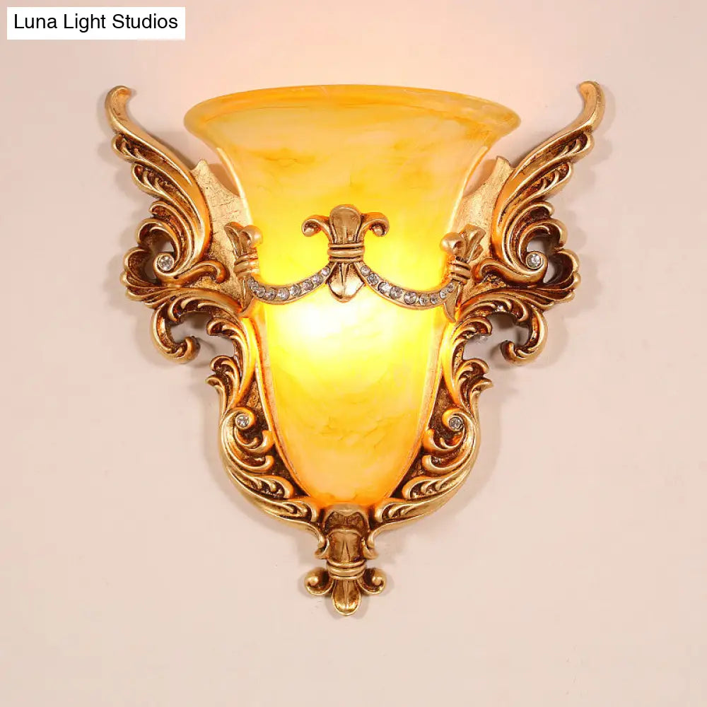 Frosted Glass Colonial Wall Sconce - 1 Bulb Flush Mount Light In White/Gold