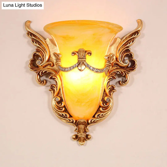 Frosted Glass Colonial Wall Sconce - 1 Bulb Flush Mount Light In White/Gold