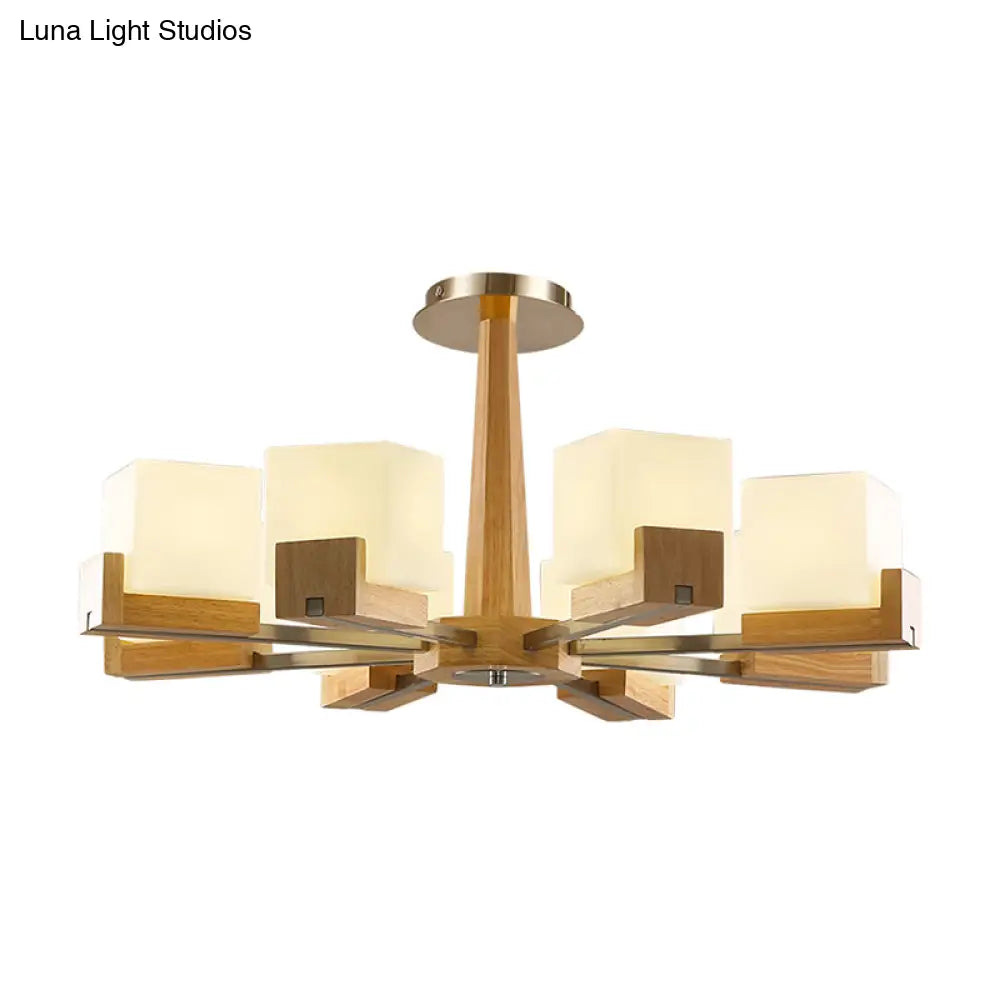 Frosted Glass Cube Chandelier With Modern Wood Ceiling Suspension - Ideal For Living Room