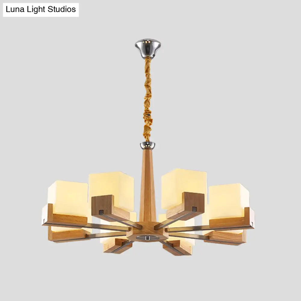 Frosted Glass Cube Chandelier With Modern Wood Ceiling Suspension - Ideal For Living Room