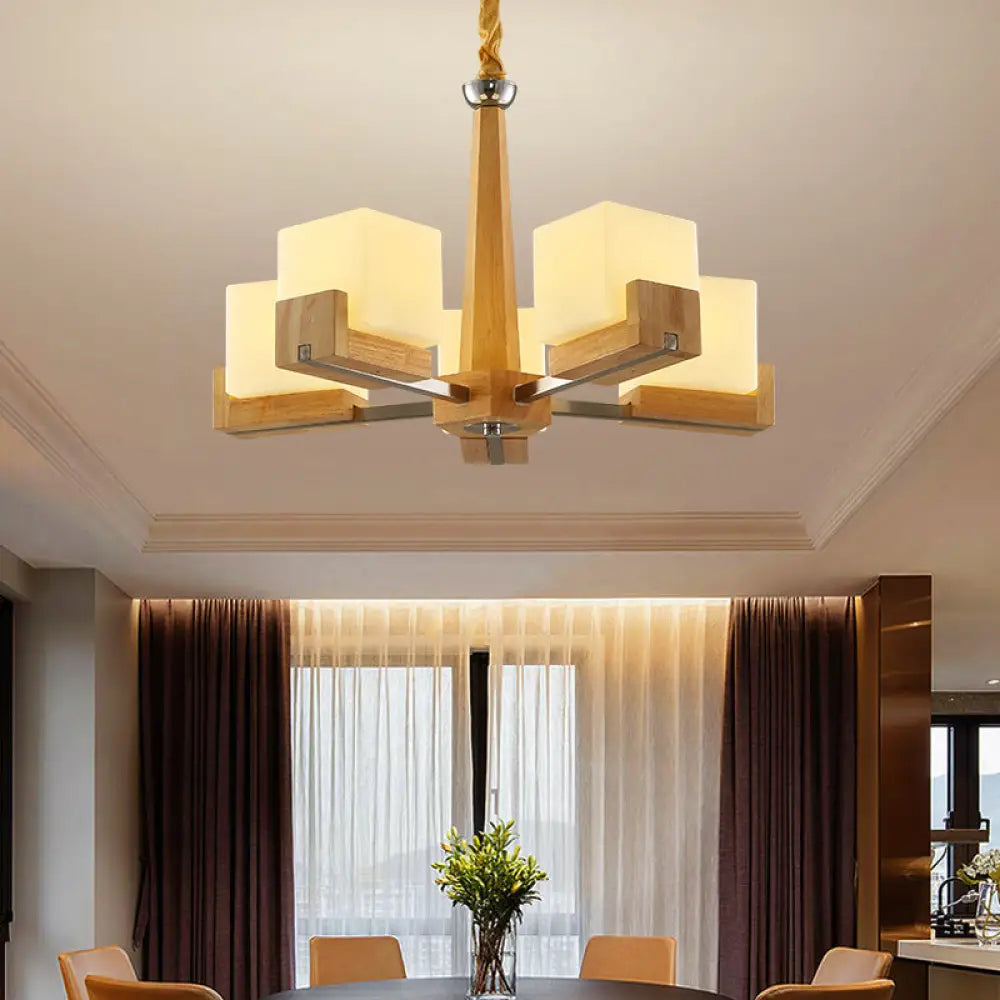 Frosted Glass Cube Chandelier With Modern Wood Ceiling Suspension - Ideal For Living Room 5 /